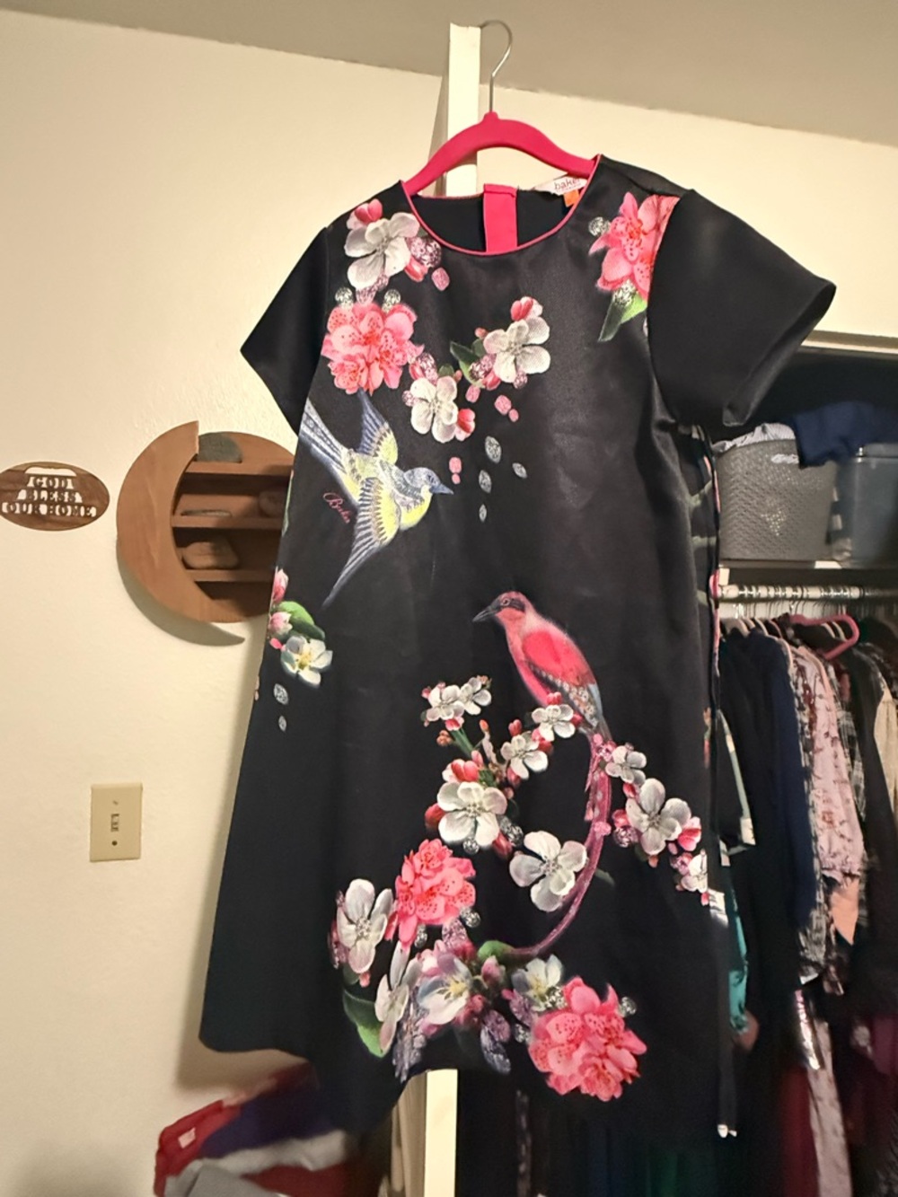 Ted Baker Black Dress with Pink Floral & Colorful Bird Print